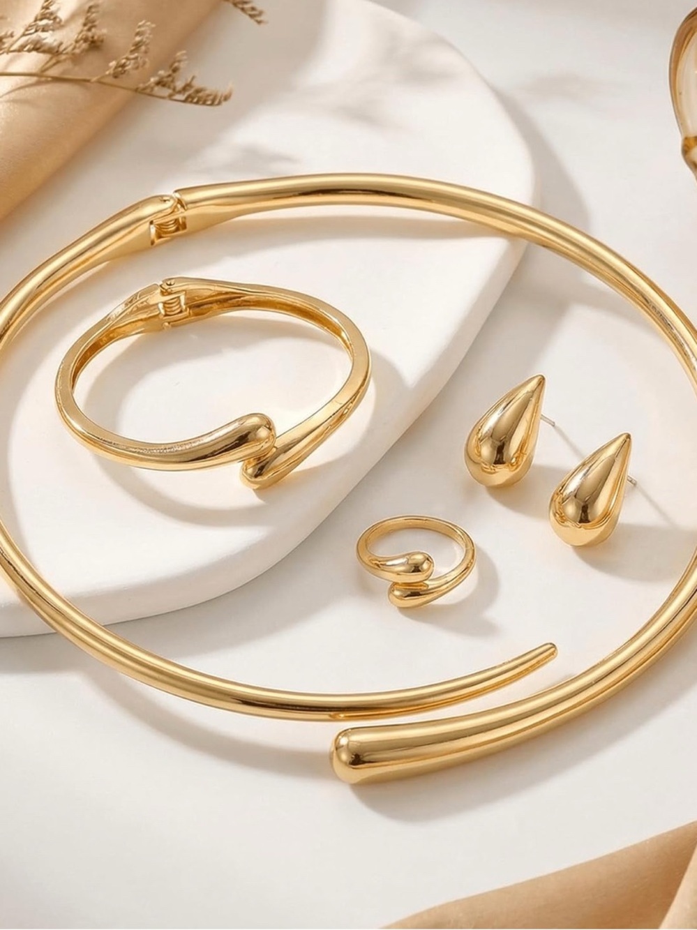14K Gold Plated Sculptural Necklace, Bracelet, Ring and Earring Set